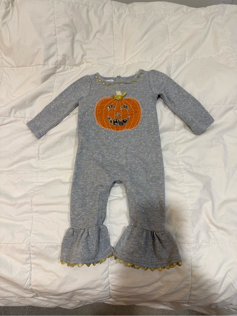 Mud Pie Gray Romper with Gold Dot and Pumpkin Applique